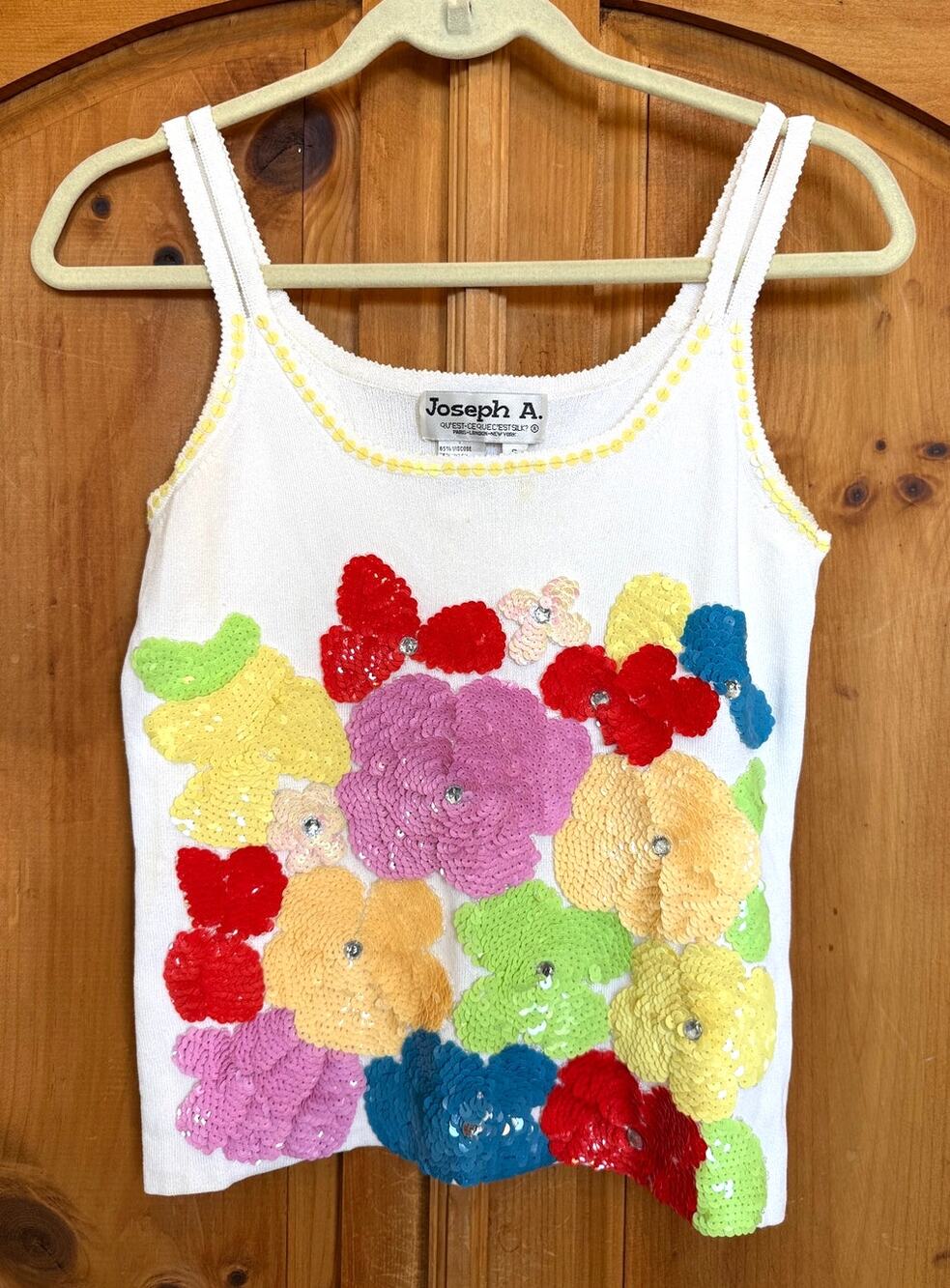 Vintage Y2K Joseph A. Colorful Flower Sequin White Ivory Camisole Tank Top Small
